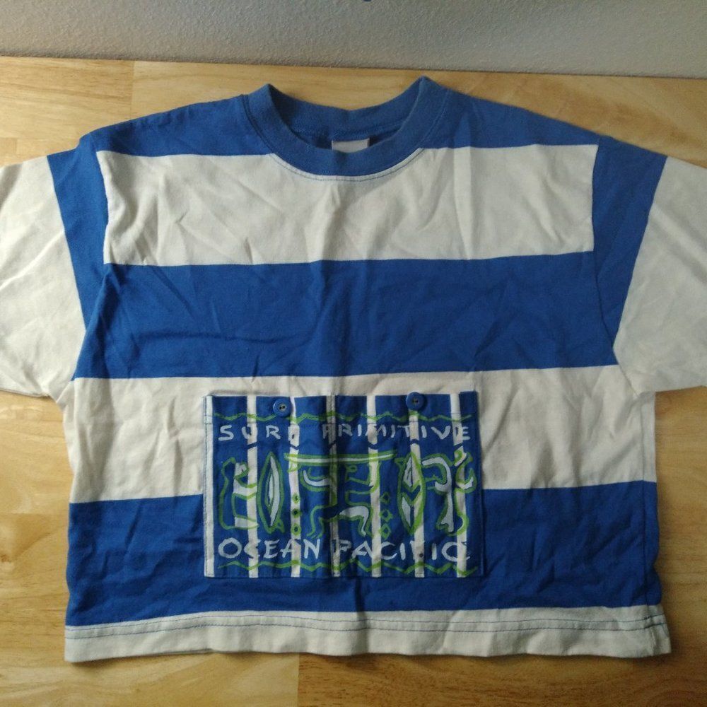 Vintage 80s Ocean Pacific Surf Primitive Striped Cropped T-Shirt
